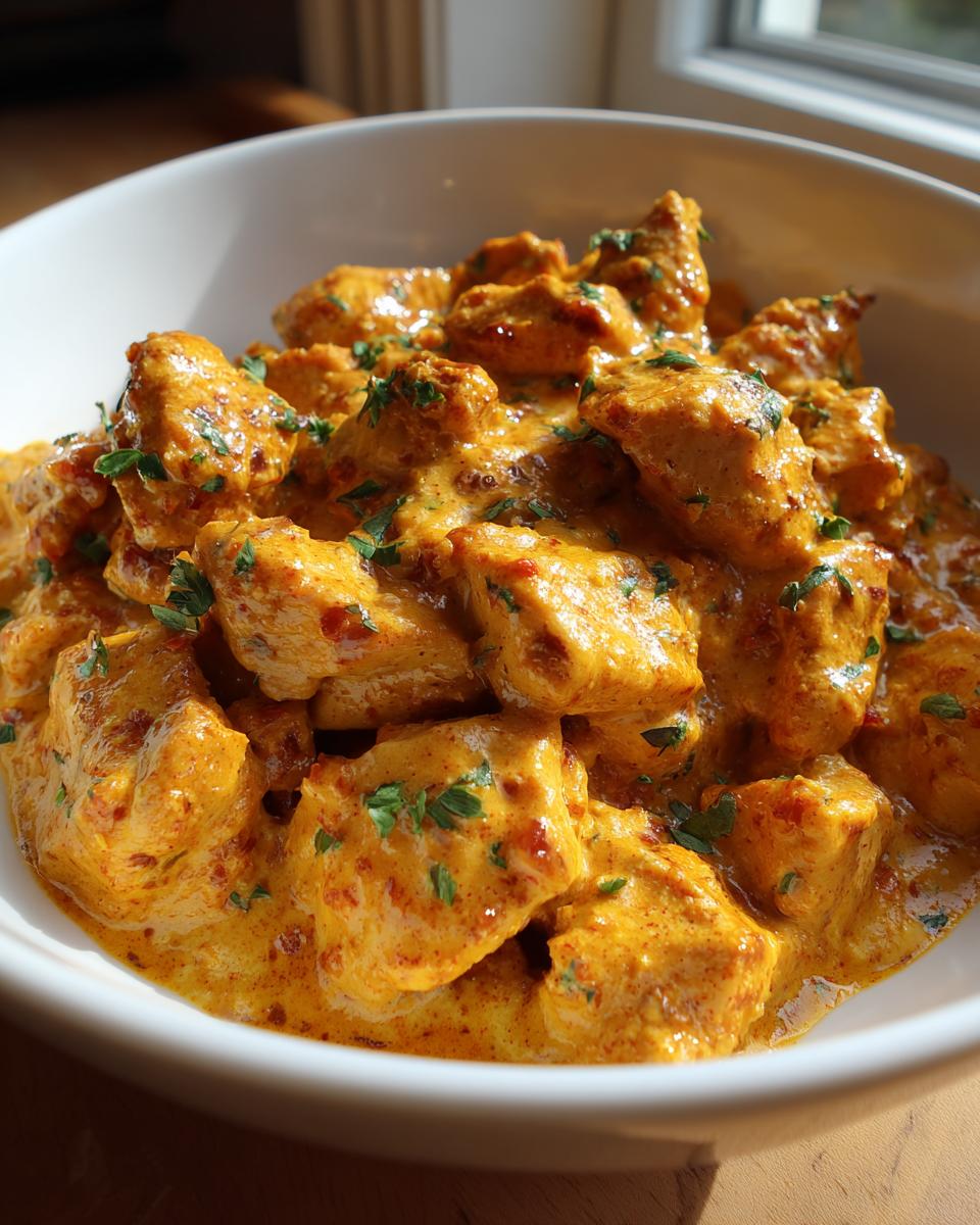 Close-up of tender chunks of Cajun chicken coated in a rich, creamy orange sauce, garnished with parsley.