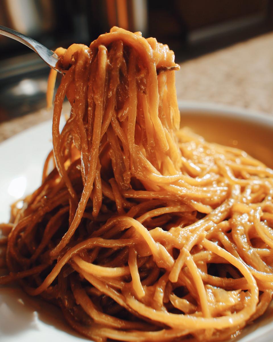 A fork lifting a generous portion of creamy caramelized onion pasta, coated in a rich, brown sauce.