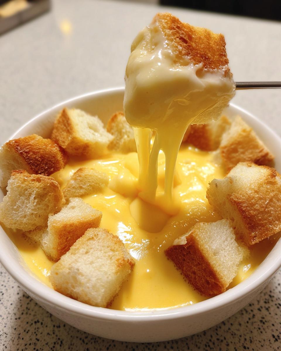 A piece of toasted bread is being lifted from a bowl of smooth, melted cheese fondue, showing long cheese pulls.