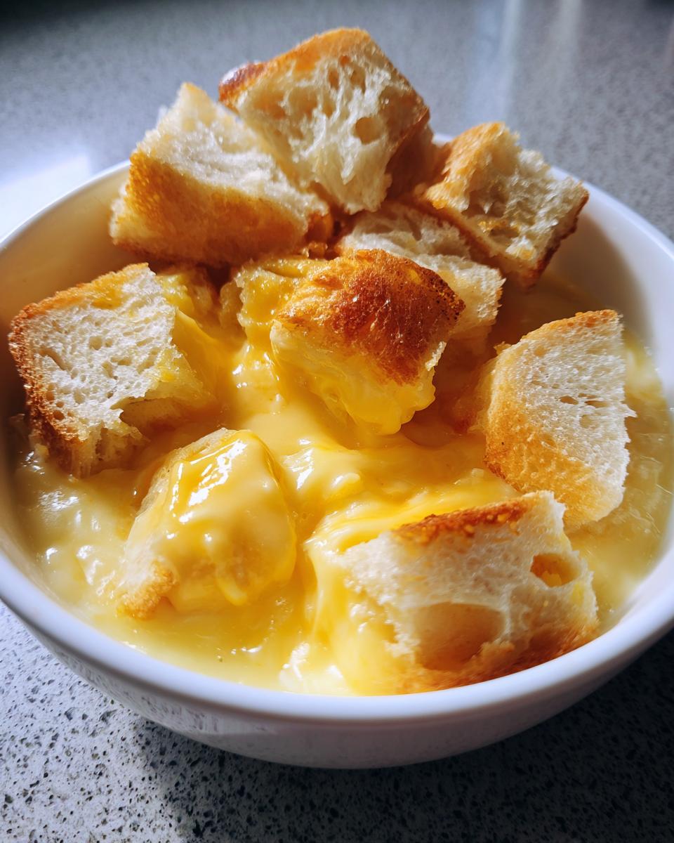 Close-up of creamy, melted cheese fondue in a white bowl topped with toasted bread cubes for dipping.