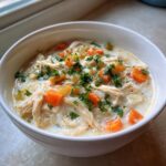 Close-up of a white bowl filled with creamy chicken and rice soup, featuring shredded chicken, bright carrots, and fresh parsley.