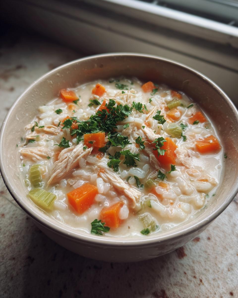 A close-up of a hearty bowl of creamy chicken and rice soup, featuring shredded chicken, diced carrots, celery, and fresh parsley.
