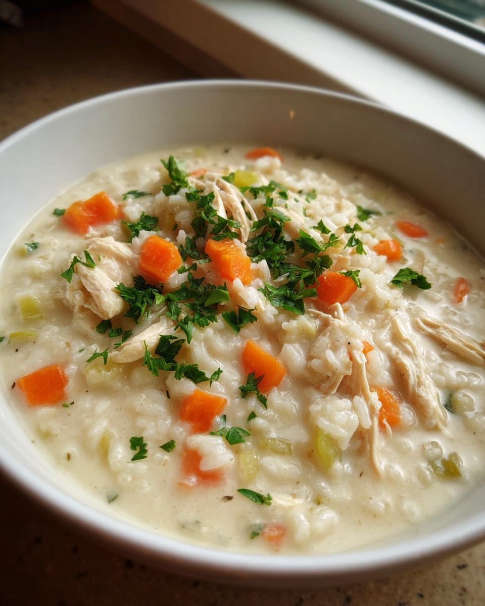 Close-up of a white bowl filled with creamy chicken and rice soup, topped with shredded chicken, diced carrots, and fresh parsley.
