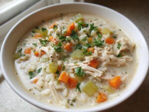 Close-up of a white bowl filled with creamy chicken and rice soup, featuring shredded chicken, carrots, celery, and parsley.
