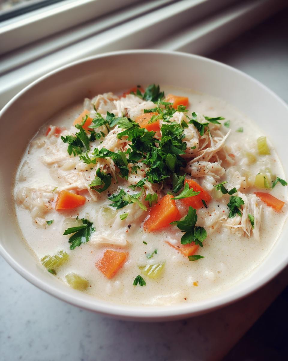 A close-up of a white bowl filled with creamy chicken and rice soup, topped with shredded chicken, diced carrots, and fresh parsley.