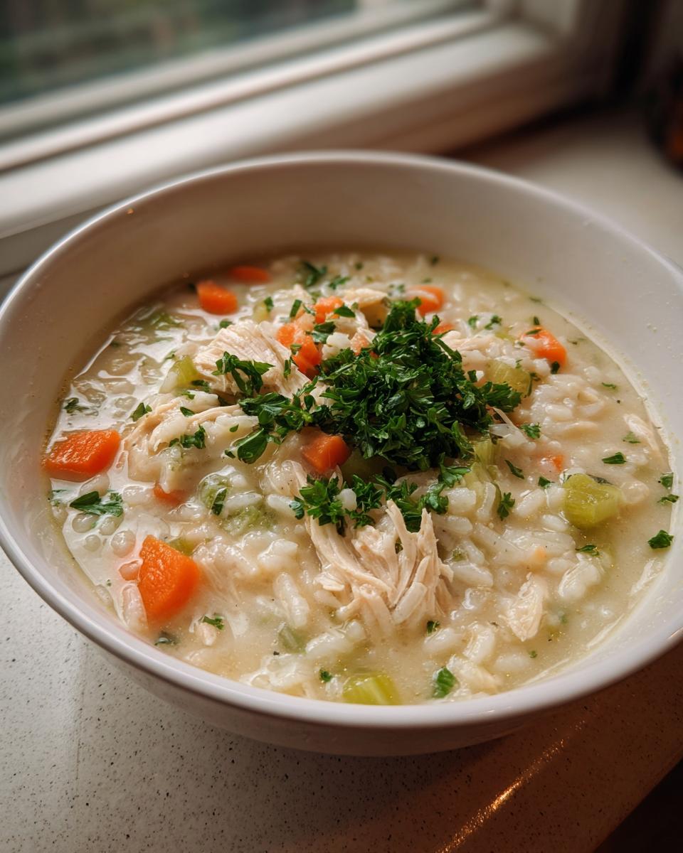 Close-up of a white bowl filled with creamy chicken and rice soup, topped with shredded chicken and fresh parsley.