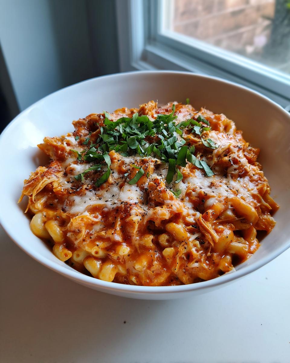 A white bowl filled with creamy chicken parmesan soup featuring macaroni pasta, tomato sauce, melted cheese, and fresh basil.