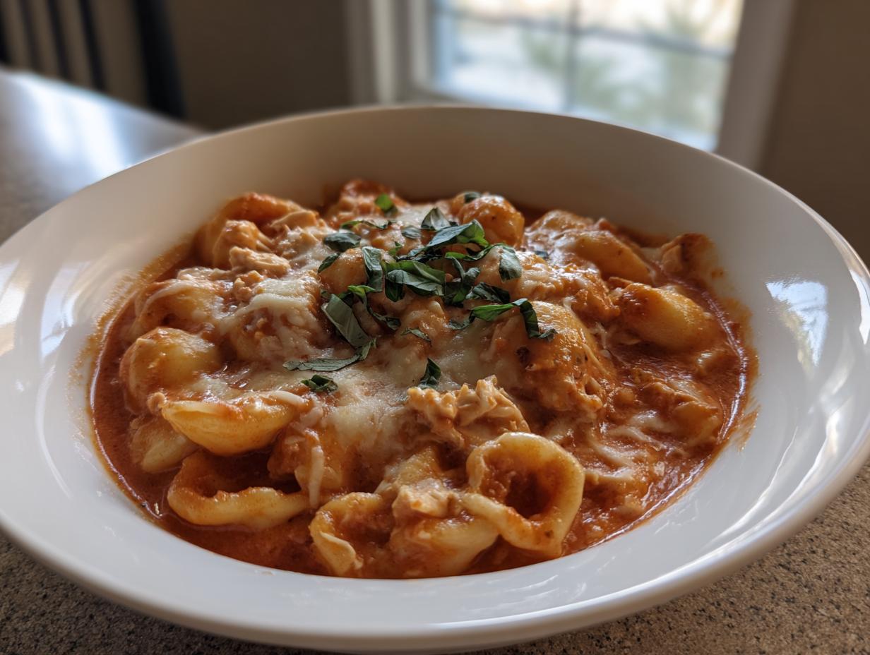 A close-up of a white bowl filled with creamy chicken parmesan soup featuring pasta shells, melted mozzarella, and fresh basil.