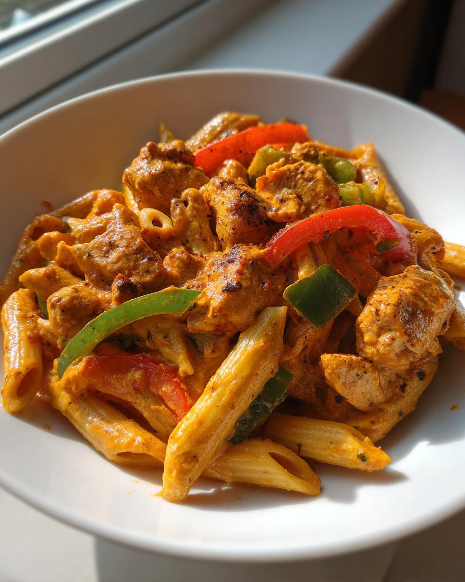 A close-up of creamy, orange-hued Rasta Pasta with chunks of seasoned chicken and colorful bell peppers.