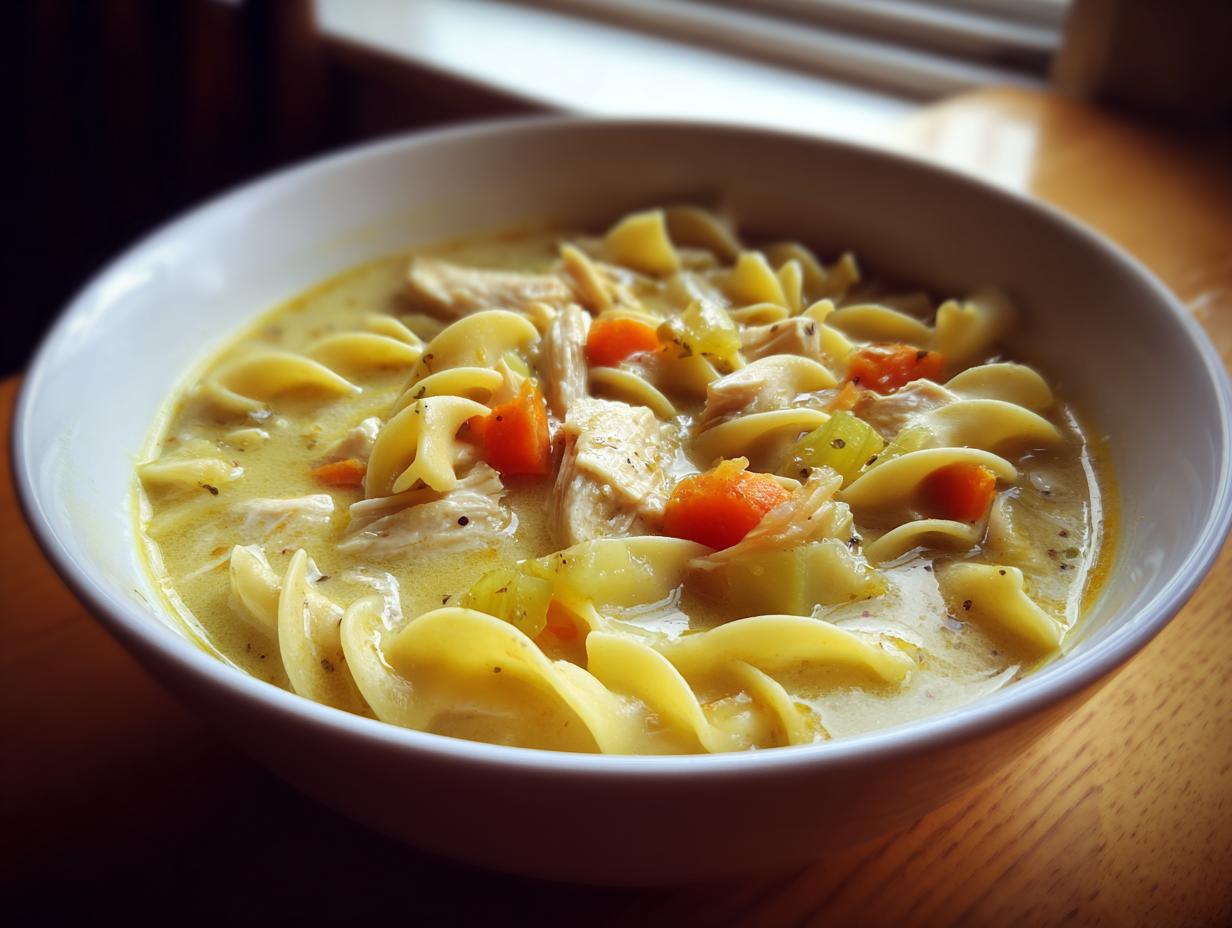 Close-up of a bowl of creamy chicken soup featuring egg noodles, shredded chicken, carrots, and celery.