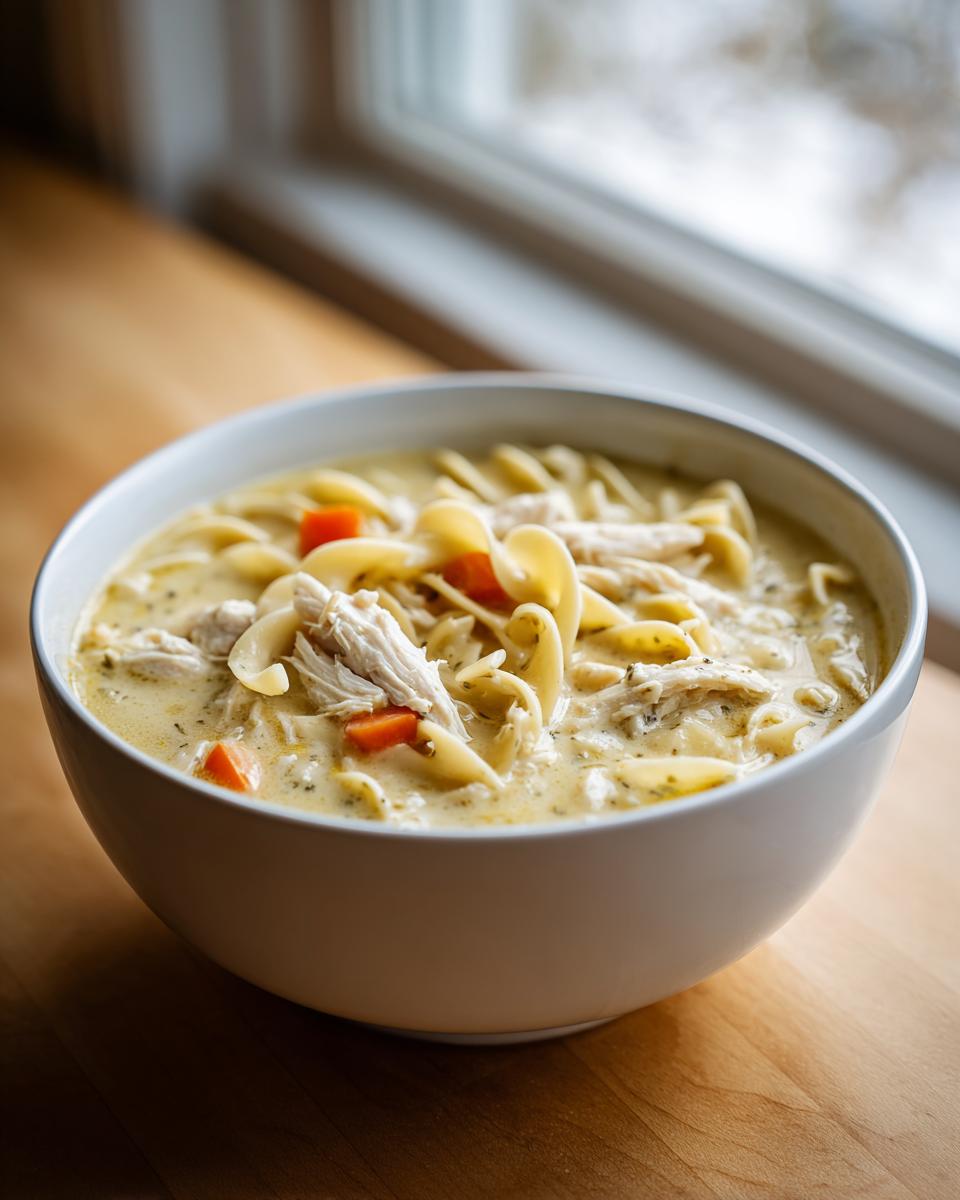 A close-up of a white bowl filled with creamy chicken soup, featuring shredded chicken, pasta noodles, and diced carrots.