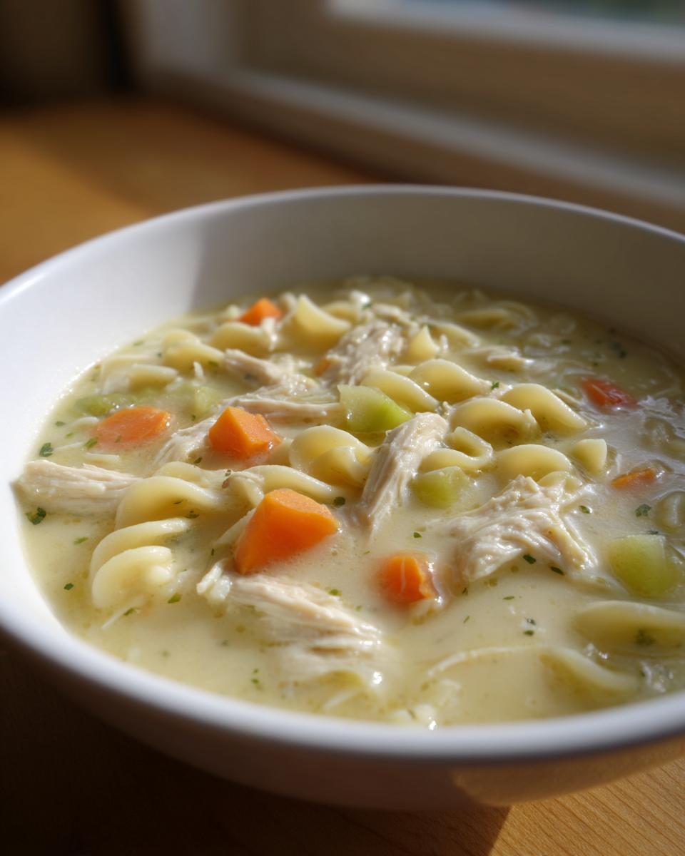 Close-up of a creamy chicken soup bowl filled with shredded chicken, egg noodles, carrots, and celery.