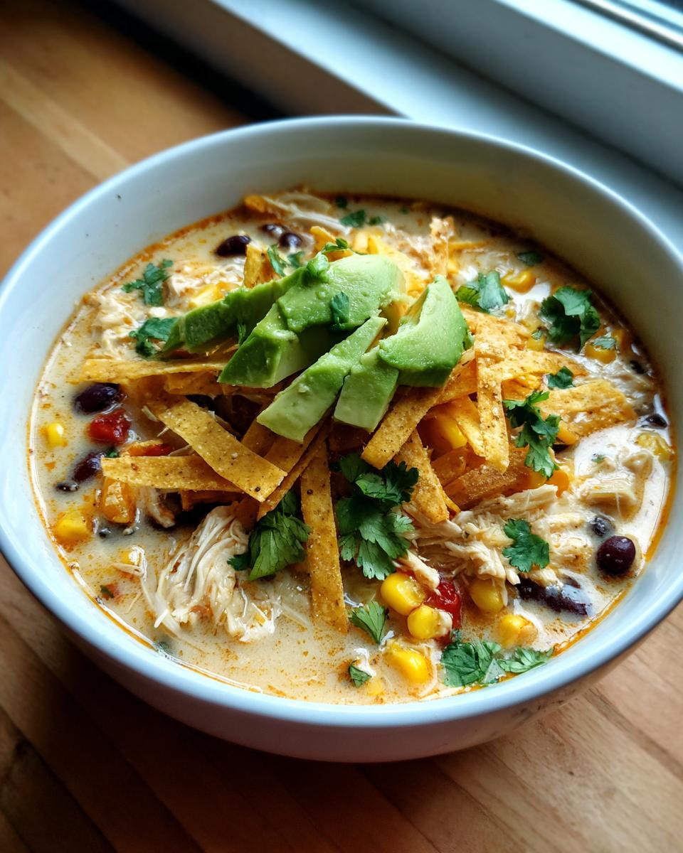 A close-up of creamy chicken tortilla soup topped with avocado slices, tortilla strips, and cilantro.