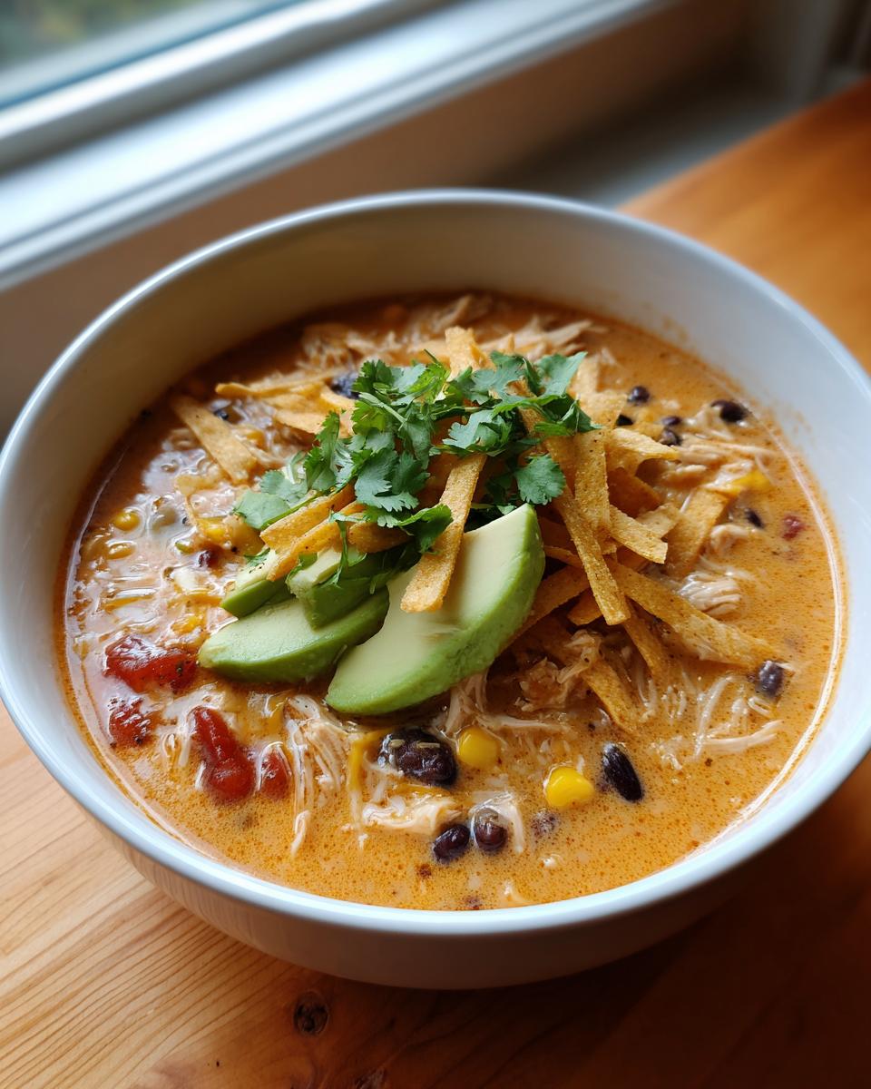 A close-up of creamy chicken tortilla soup topped with avocado, tortilla strips, and cilantro.