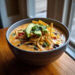 A close-up of a bowl of creamy chicken tortilla soup topped with avocado, tortilla strips, and cilantro.