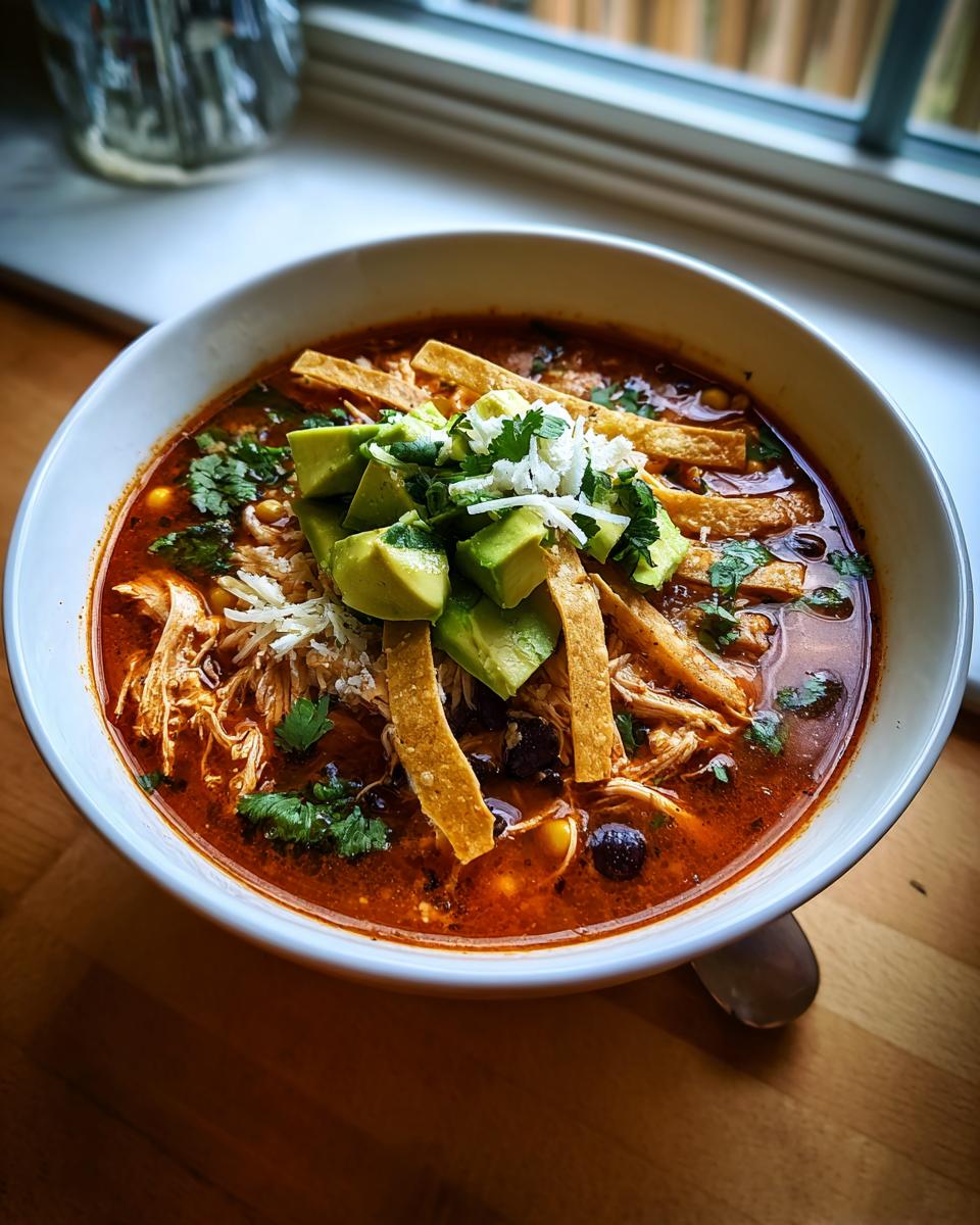 A close-up of a bowl of rich, red creamy chicken tortilla soup topped with avocado, cheese, cilantro, and tortilla strips.