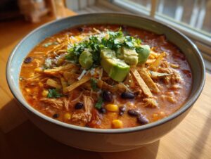 A close-up of a bowl of creamy chicken tortilla soup topped with avocado, cheese, and tortilla strips.