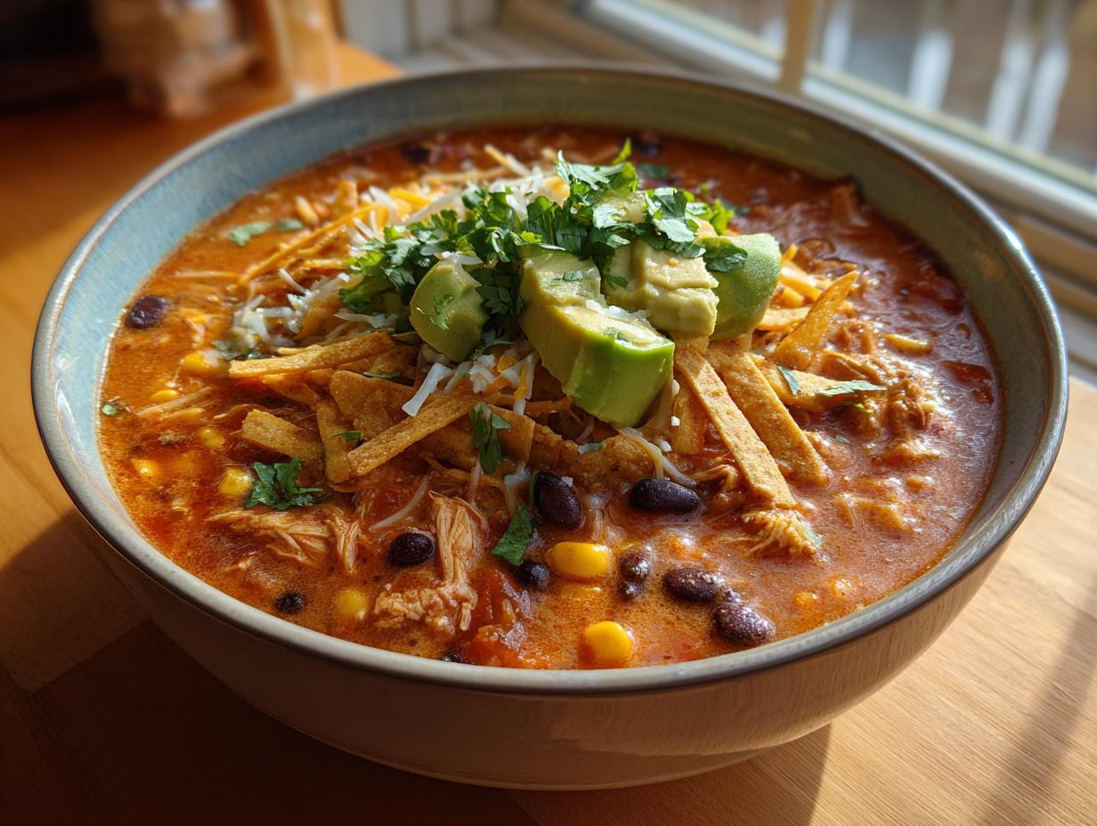 A close-up of a bowl of creamy chicken tortilla soup topped with avocado, cheese, and tortilla strips.