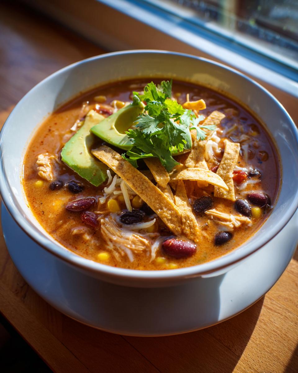A close-up of a bowl of creamy chicken tortilla soup topped with avocado, tortilla strips, and cilantro.