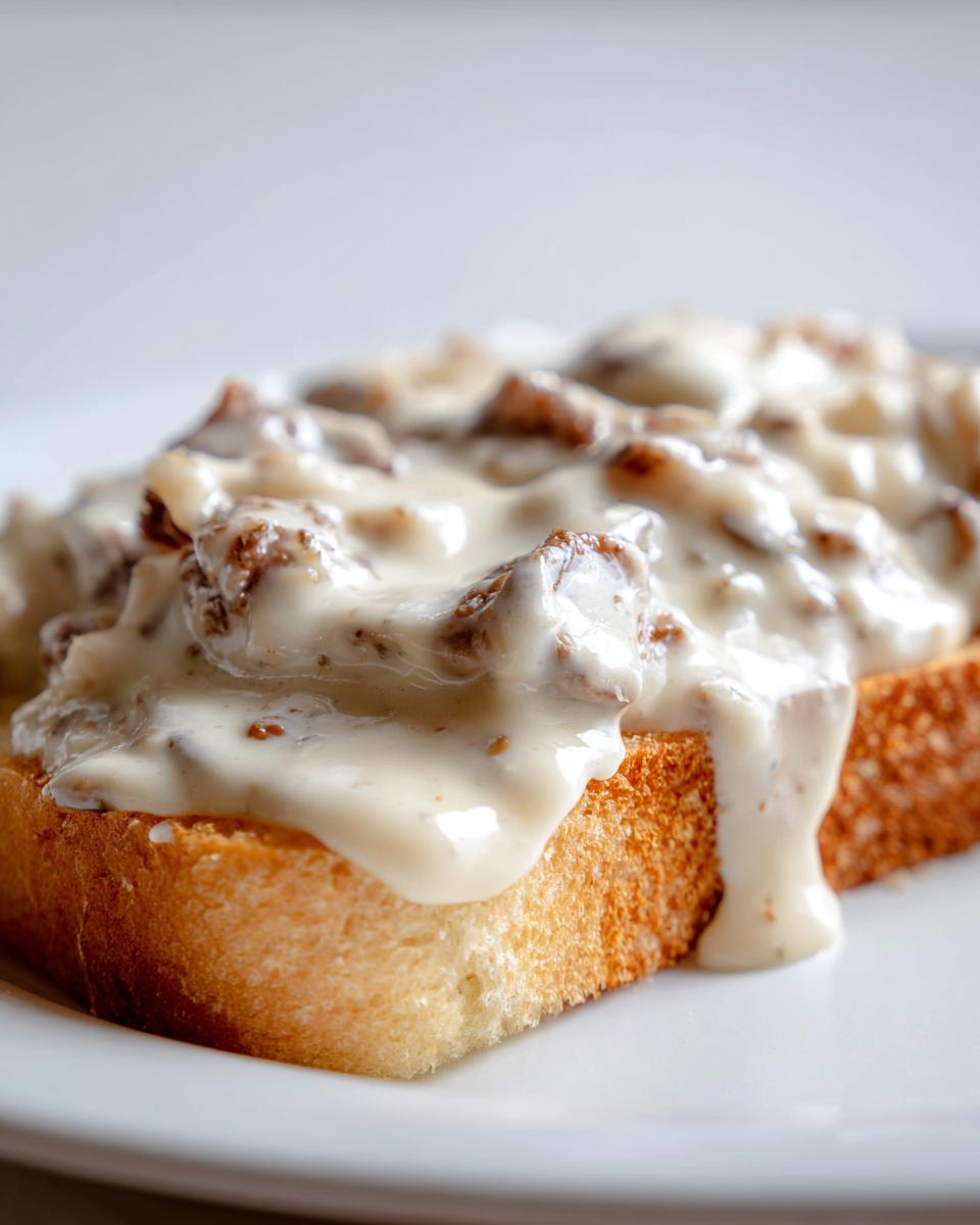 A close-up shot of creamy chipped beef on toast, featuring rich gravy dripping down the side of the toasted bread.