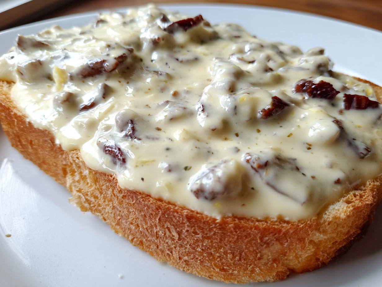 A close-up of a thick slice of toast generously topped with creamy chipped beef on toast sauce.