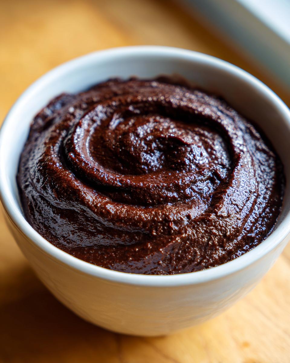 Close-up of rich, dark brown, creamy black bean dip swirled in a small white bowl.