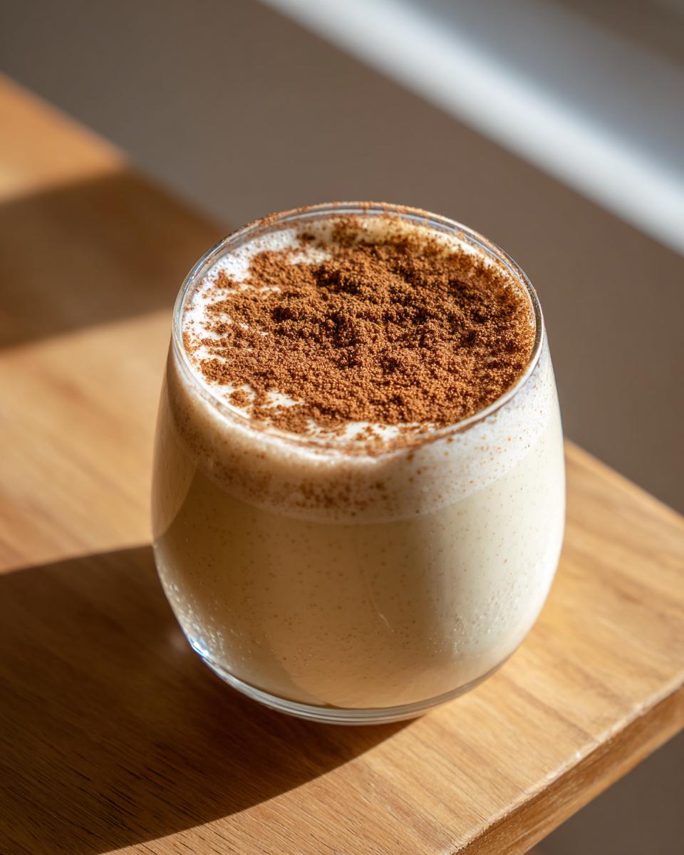 A glass of creamy coquito recipe topped generously with ground cinnamon, sitting on a wooden surface.