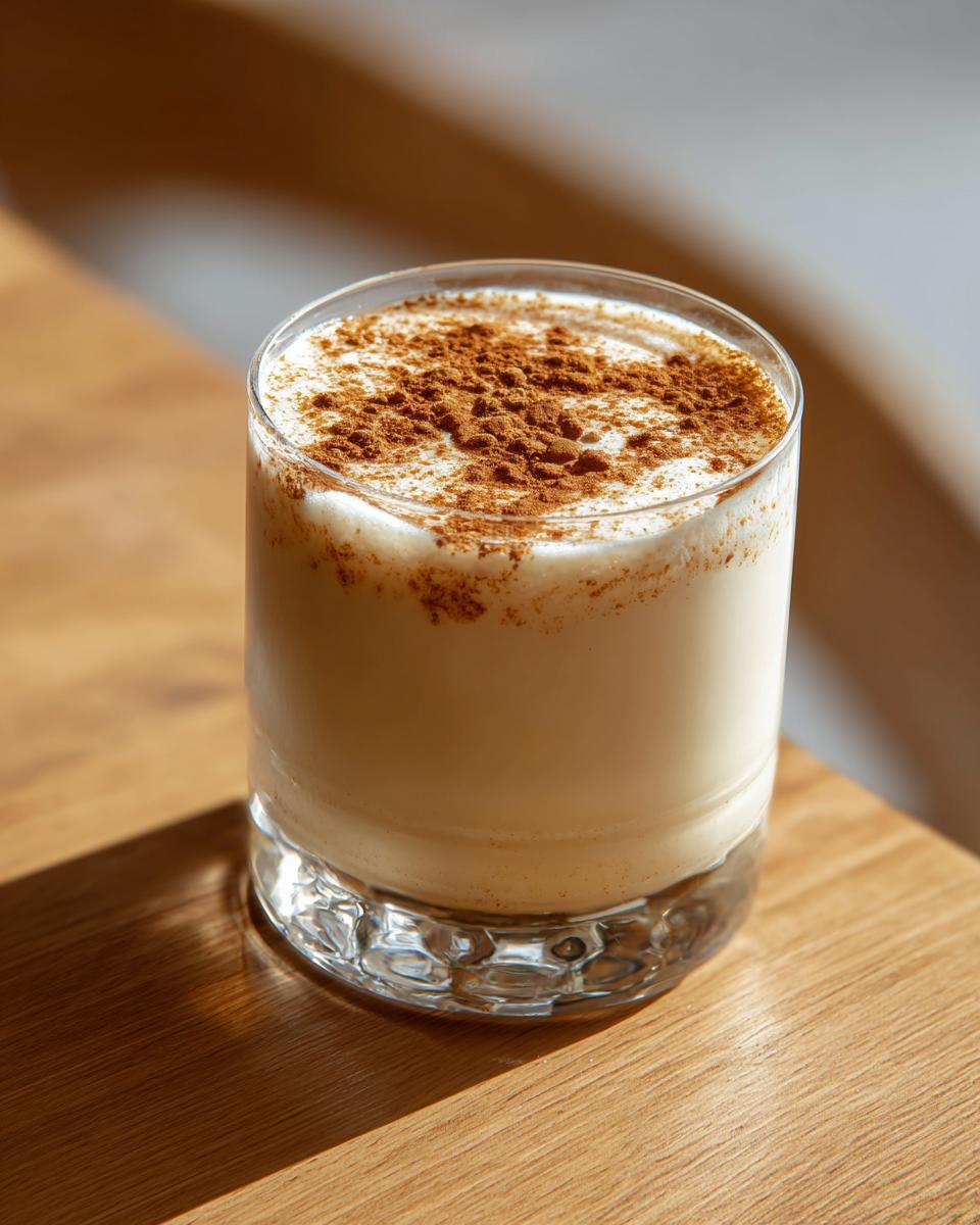 A glass of creamy coquito recipe topped generously with ground cinnamon, sitting on a wooden surface.