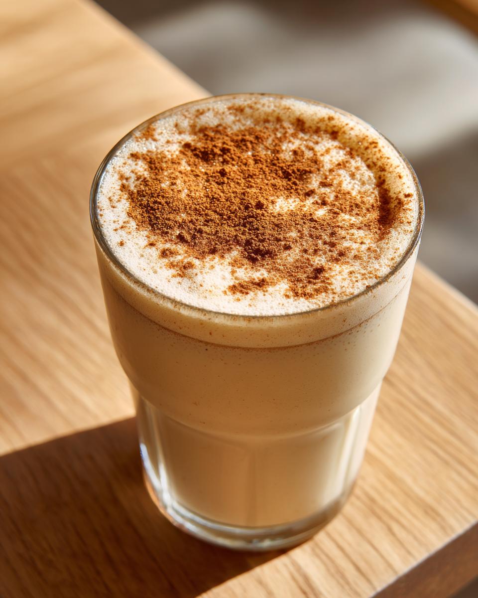 Close-up of a tall glass filled with creamy coquito recipe, topped with a generous dusting of cinnamon.