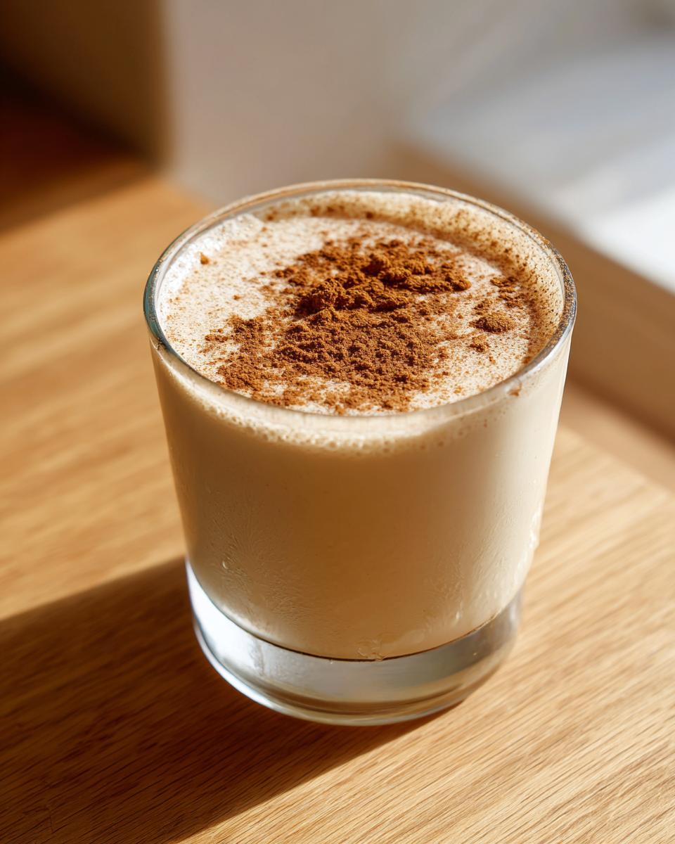 A close-up of a glass filled with creamy coquito recipe, dusted generously with ground cinnamon.