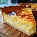 Close-up of a thick slice of creamy custard pie showing a golden-brown, slightly caramelized top.