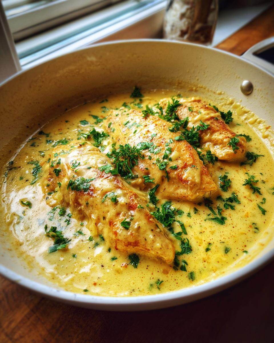 Three golden-brown chicken breasts simmering in a rich, creamy yellow dijon sauce, topped with fresh parsley.