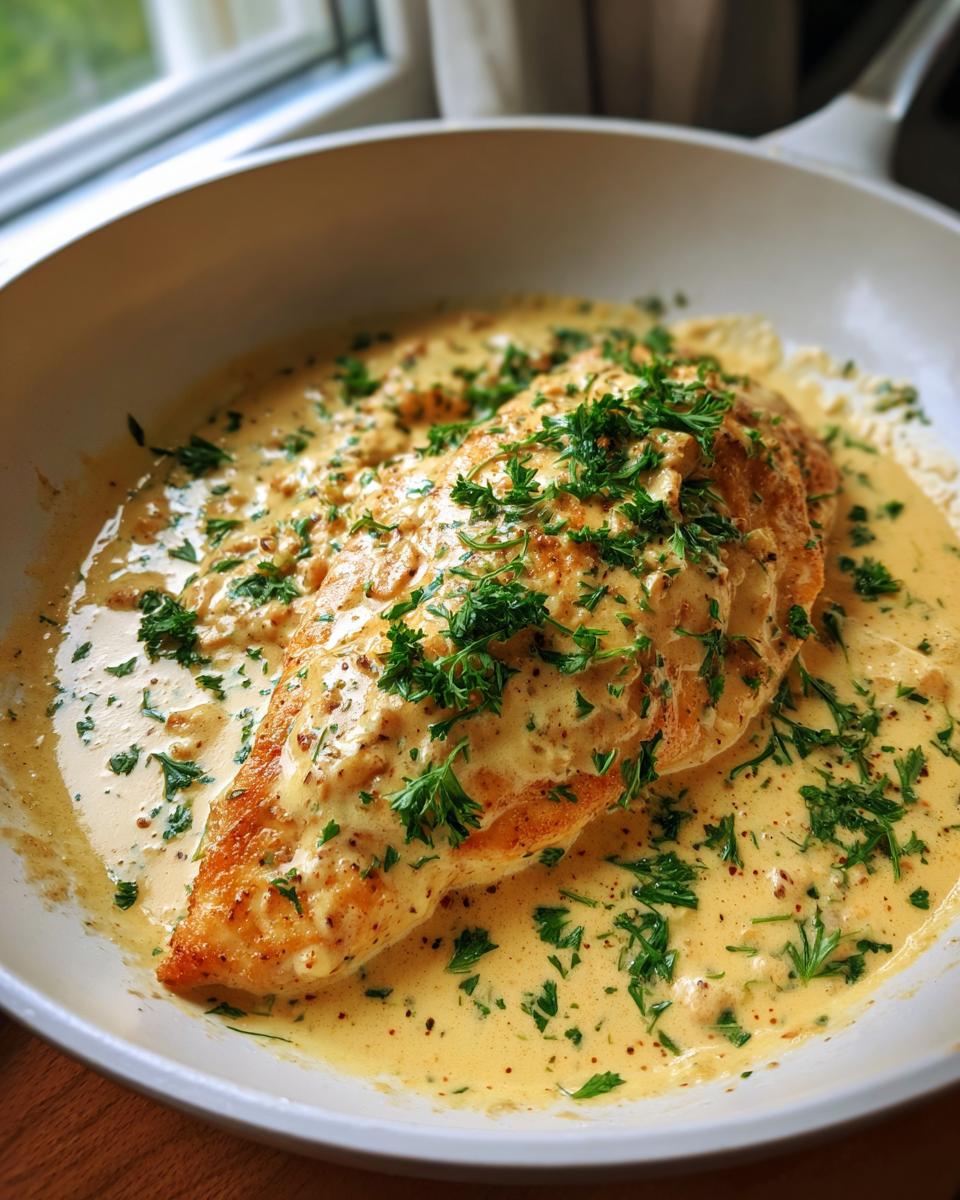 A perfectly cooked chicken breast smothered in a creamy Dijon sauce and topped with fresh parsley.