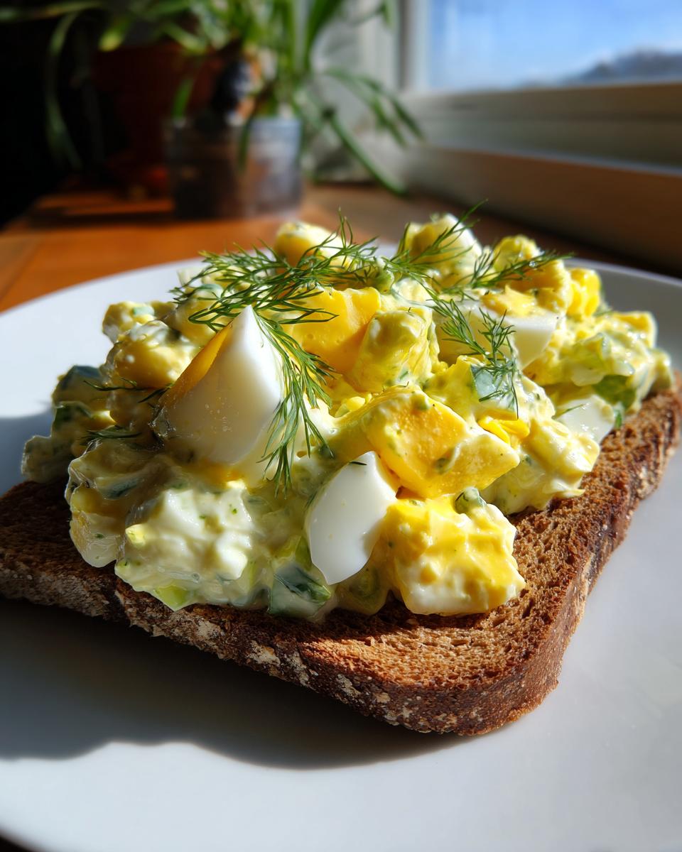 A generous serving of creamy egg salad piled high on a slice of dark rye bread, garnished with fresh dill.
