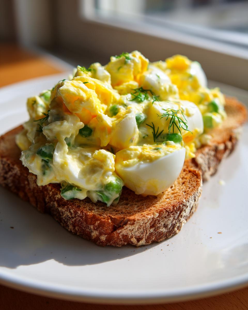 A generous serving of creamy egg salad, featuring chunks of egg and green peas, piled high on a slice of toasted dark bread.