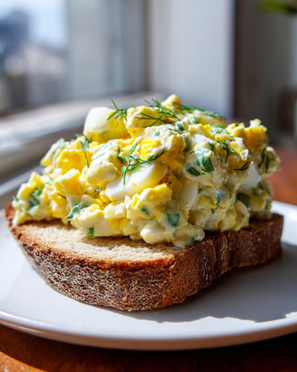 A generous scoop of creamy egg salad, garnished with dill, served open-faced on a slice of toasted whole wheat bread.