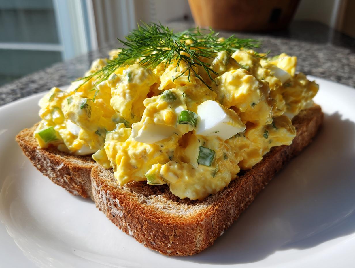 A generous serving of creamy egg salad with visible chopped egg whites and green onions, garnished with dill, served open-faced on toasted whole wheat bread.