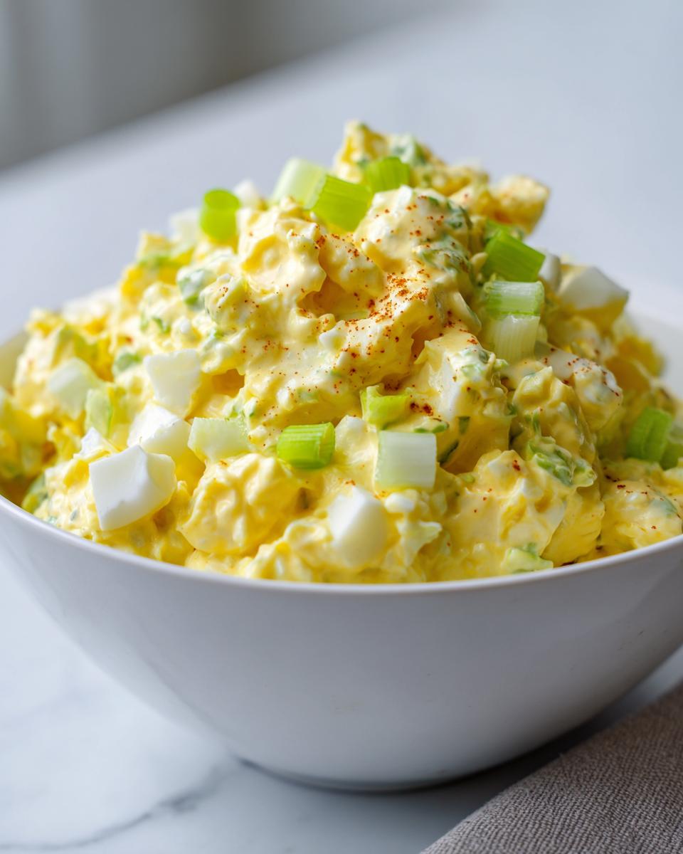 A close-up of a creamy, yellow egg salad recipe topped with chopped green onions and paprika in a white bowl.