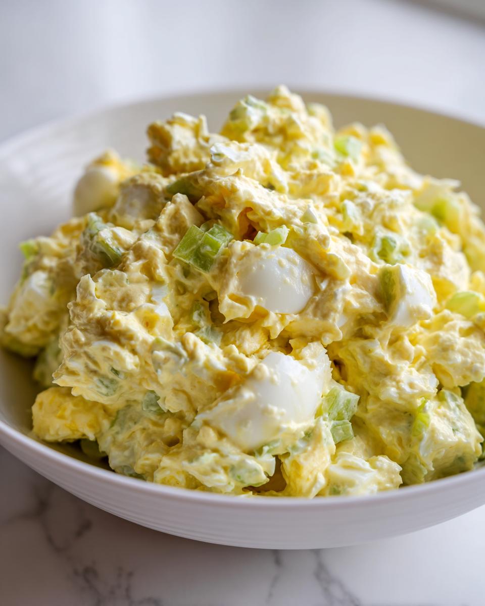 Close-up of creamy, chunky egg salad recipe with visible pieces of chopped celery and hard-boiled eggs.