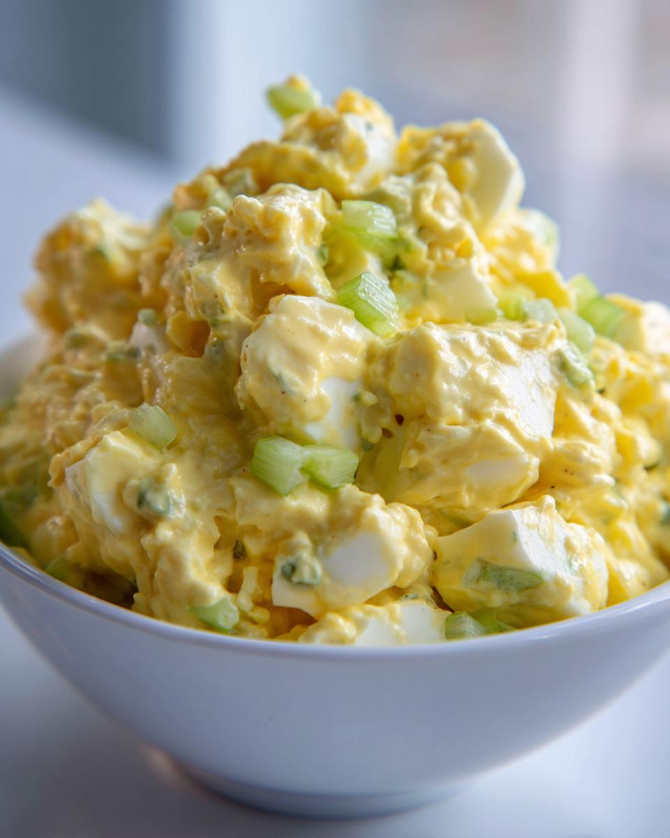Close-up of creamy egg salad recipe with chunks of egg white and diced celery in a white bowl.