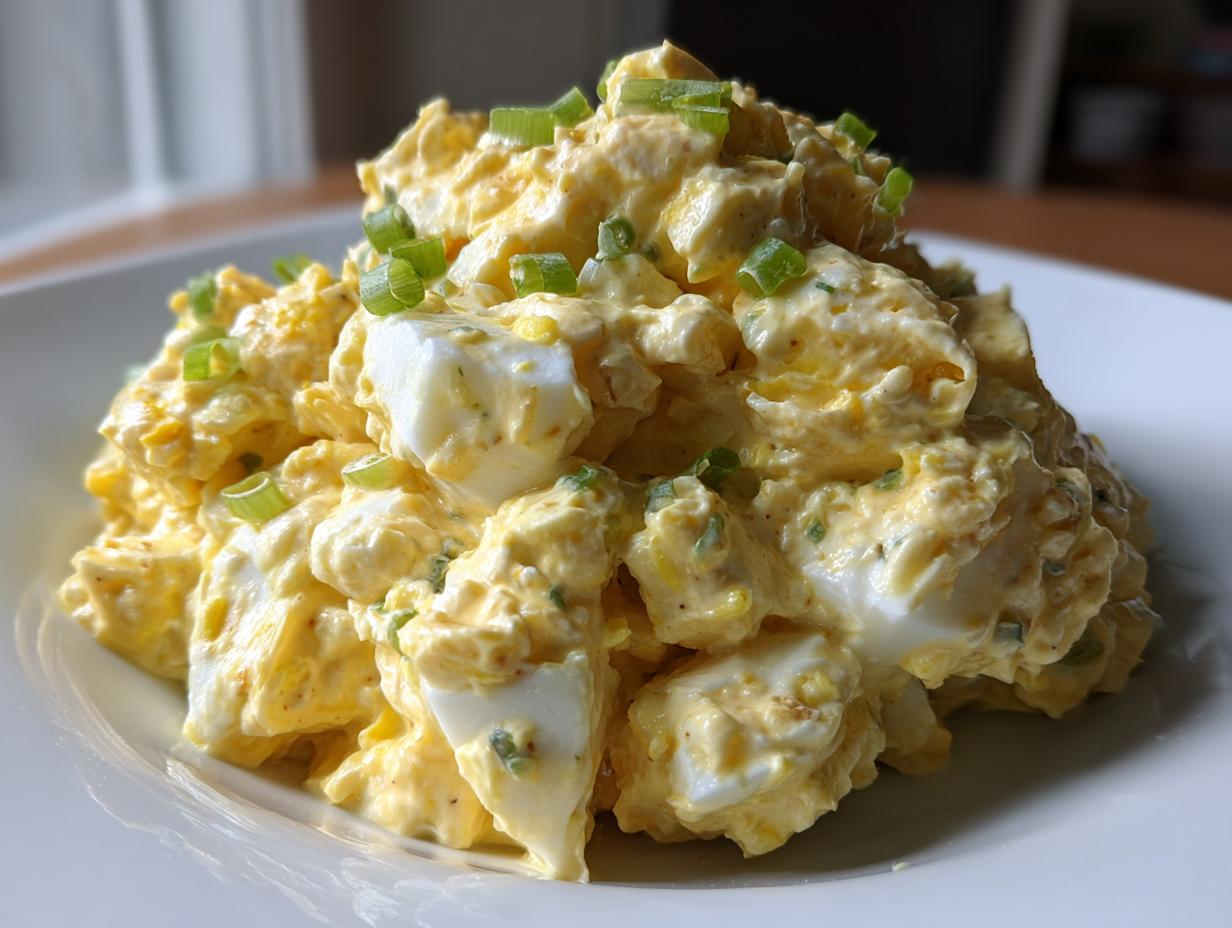 A close-up of creamy, chunky egg salad recipe piled high on a white plate and garnished with fresh green chives.