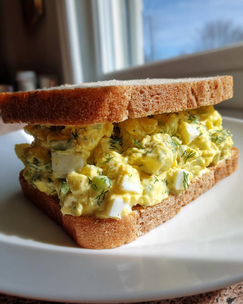 A generous serving of creamy egg salad with visible chunks of egg white and dill, piled high on two slices of wheat bread.