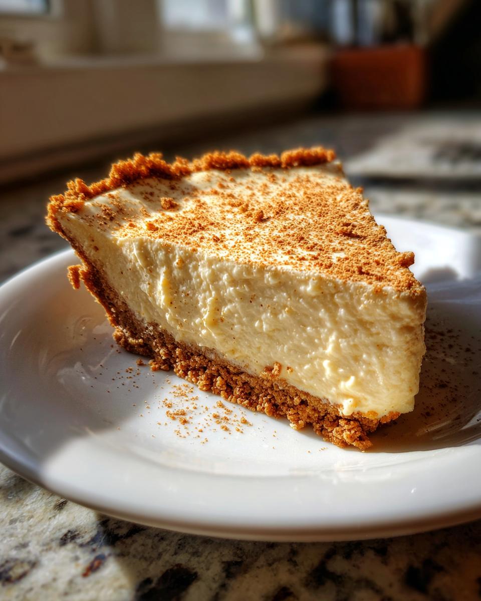 A close-up of a thick slice of creamy eggnog pie with a graham cracker crust, dusted with cinnamon.