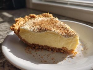 A close-up of a thick slice of creamy eggnog pie with a graham cracker crust, topped with whipped cream and nutmeg.