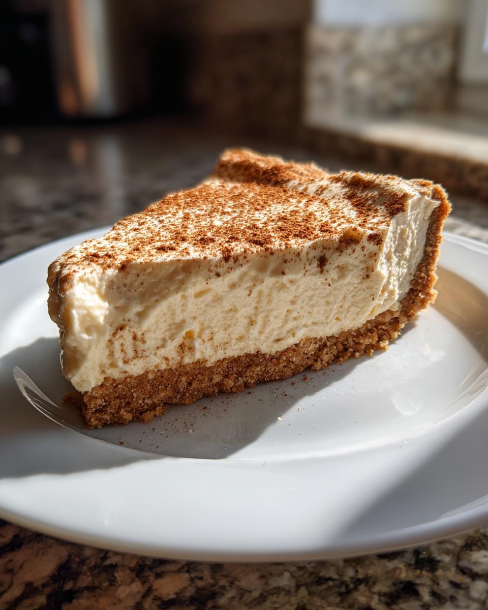 A close-up slice of creamy eggnog pie resting on a white plate, dusted generously with cinnamon.