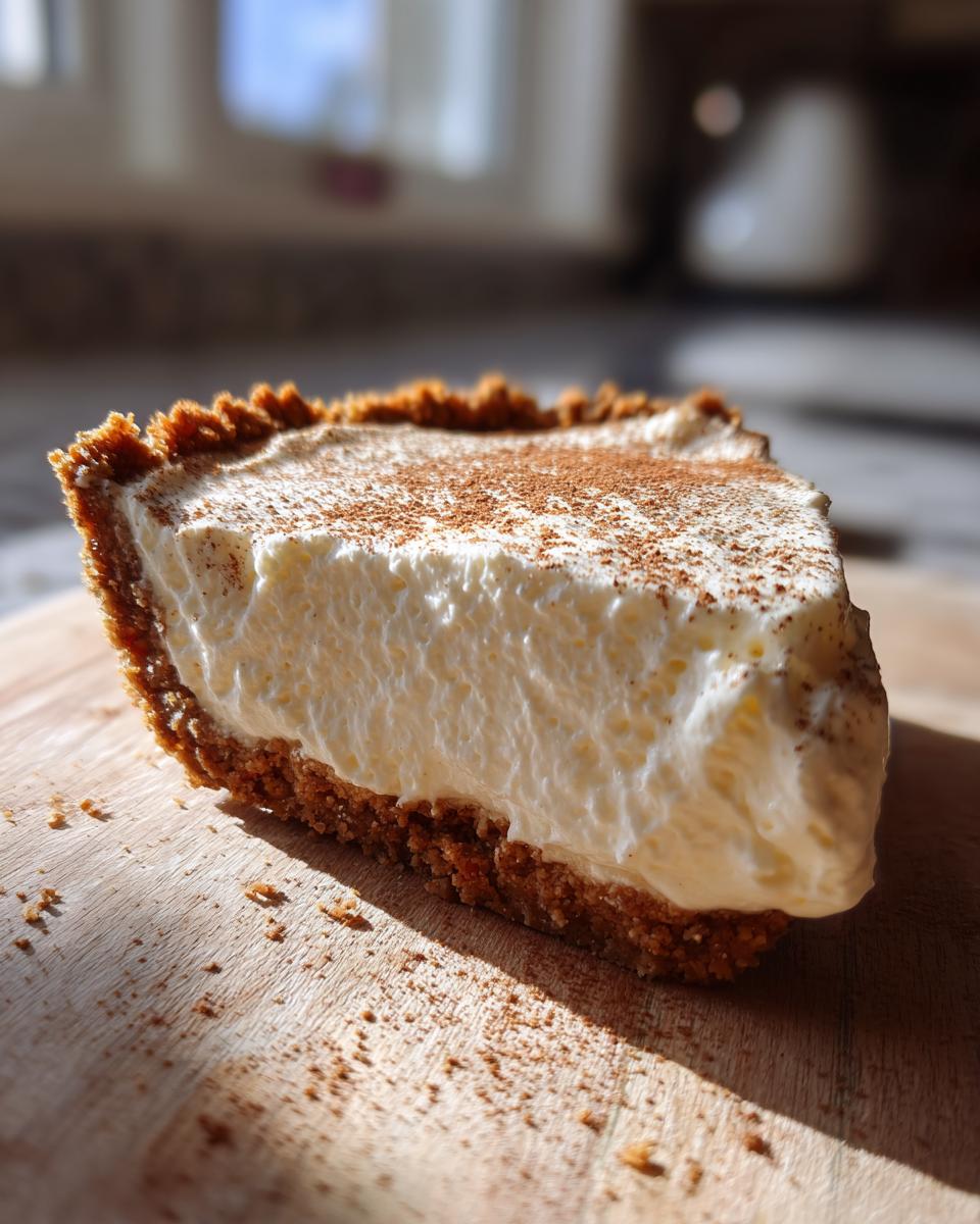 A thick slice of creamy eggnog pie with a graham cracker crust, dusted lightly with cinnamon.