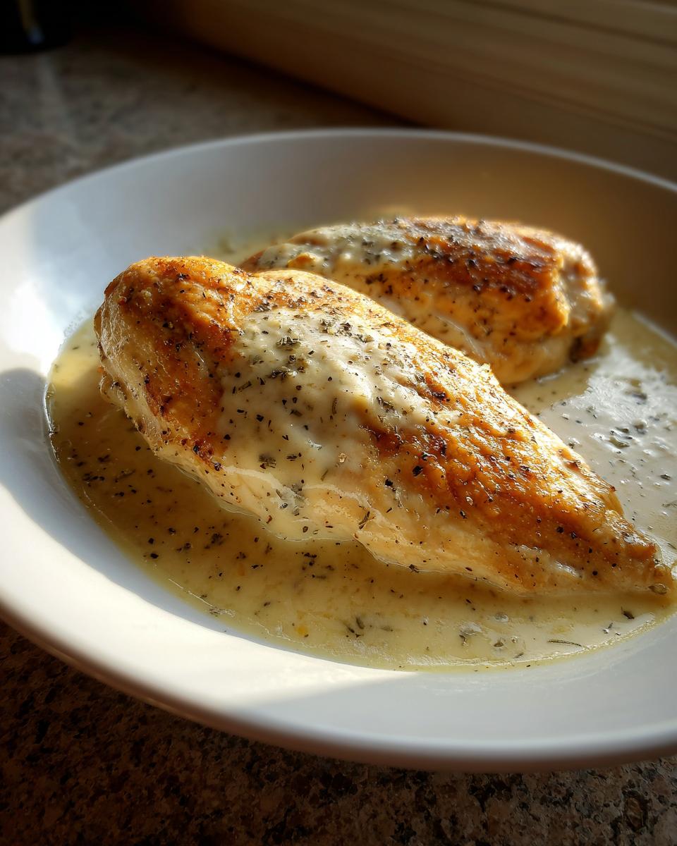 Two seared chicken breasts covered in creamy lemon chicken sauce, garnished with black pepper and herbs.