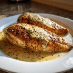Two pan-seared chicken breasts covered in a creamy lemon sauce, ready to serve.