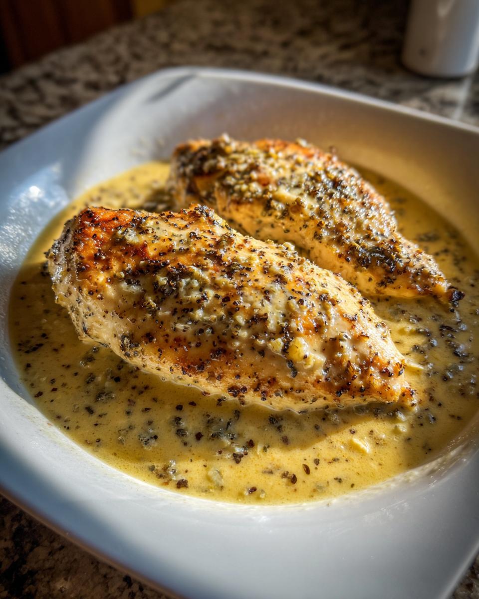 Two golden-brown chicken breasts covered in herbs and pepper, resting in a rich, creamy lemon sauce.