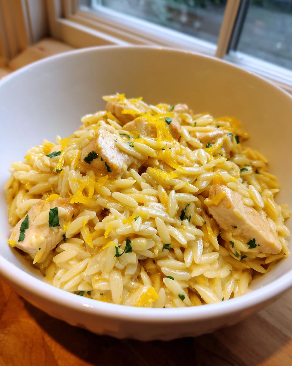 Close-up of creamy lemon chicken orzo topped with bright yellow lemon zest and fresh parsley.